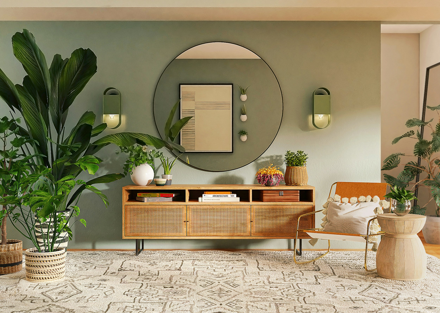 Interior design with a wooden console table, round mirror, and decorative items